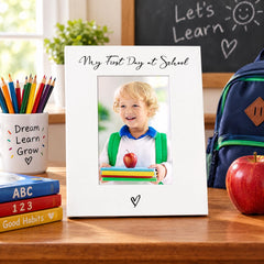 A white picture frame with a photo of a smiling child holding an apple sits on a wooden desk, surrounded by school supplies such as books, pencils, and an apple.