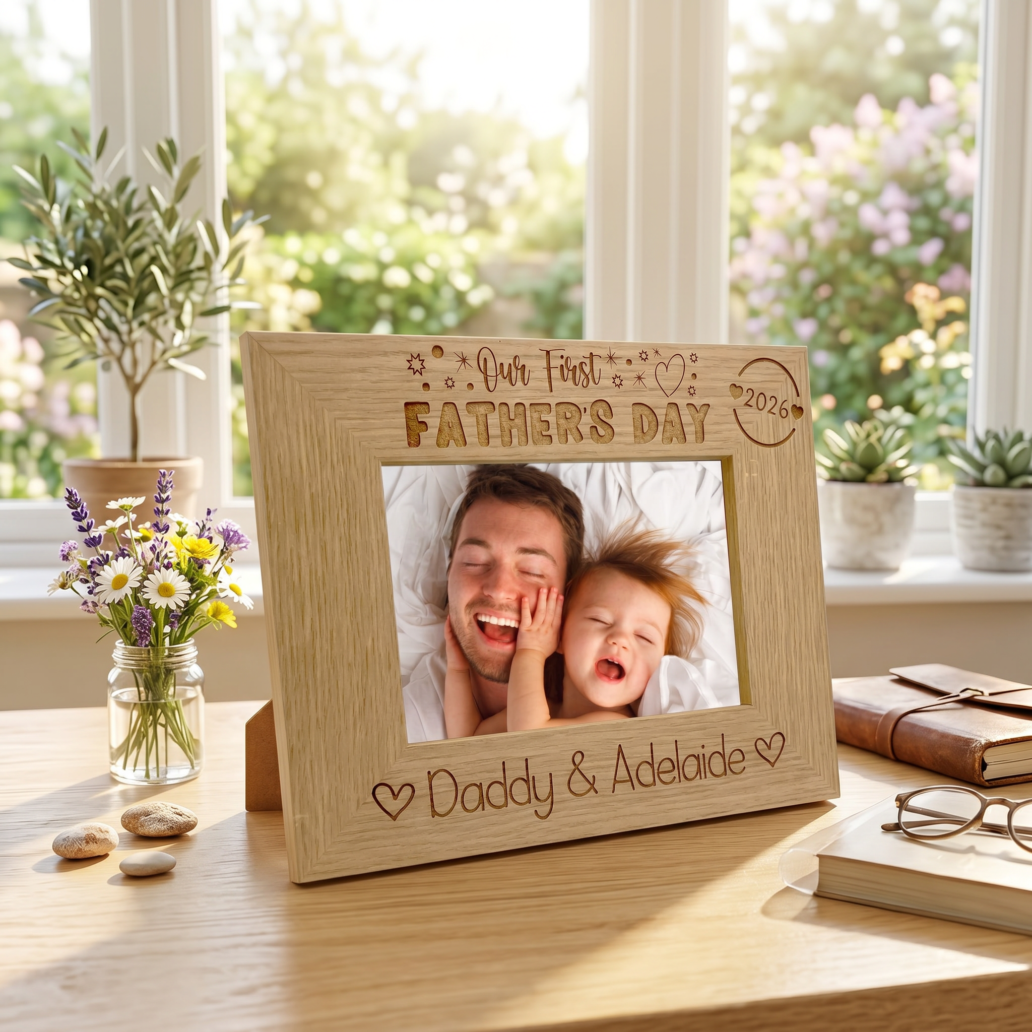 ukgiftstoreonline Personalised Our first Fathers Day Photo Frame Oak wood finish Landscape Father's Day Photo Frame ukgiftstoreonline