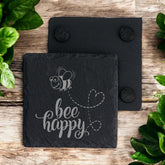 Set of 2 Bee Happy Engraved Slate Stone Drink Coasters Personalised Slates ukgiftstoreonline