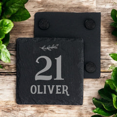 Personalised Elegant 21st Birthday Slate Stone Drink Coaster With any Name Personalised Slates ukgiftstoreonline