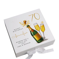 Personalised 70th Birthday Keepsake Box Customised With Champagne Bottle and Sentiment