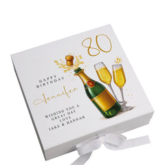 Personalised 80th Birthday Keepsake Box Customised With Champagne Bottle and Sentiment