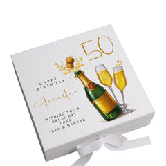 Personalised 50th Birthday Keepsake Box Customised With Champagne Bottle and Sentiment