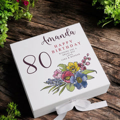 Personalised 80th Birthday Keepsake Box Customised With Flowers and Sentiment