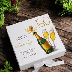 Personalised 50th Birthday Keepsake Box Customised With Champagne Bottle and Sentiment