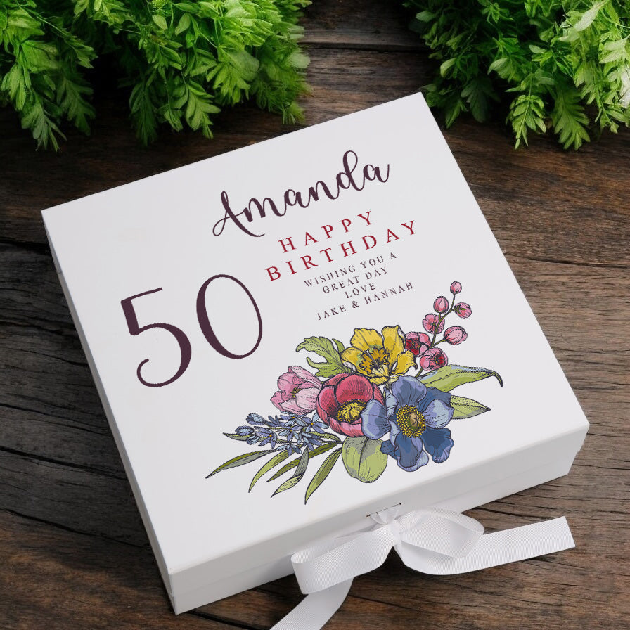 Personalised 50th Birthday Keepsake Box Customised With Flowers and Sentiment ukgiftstoreonline