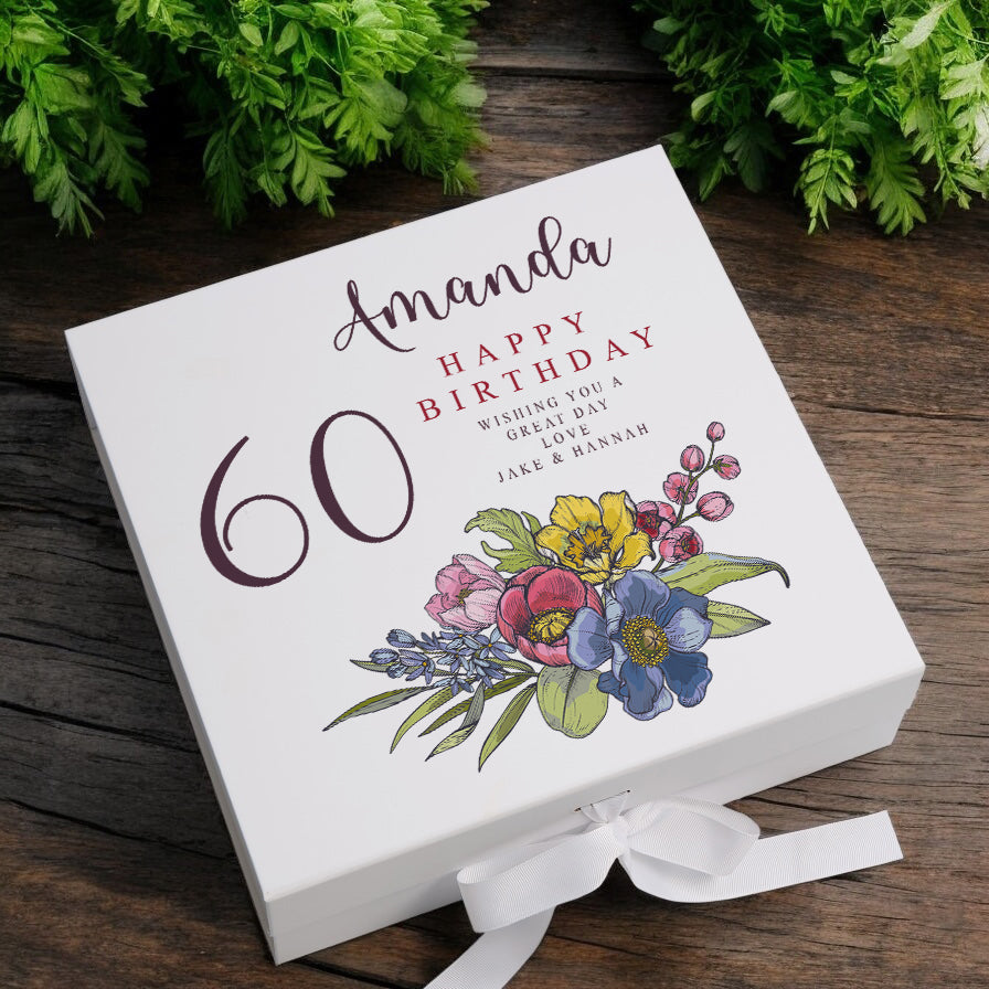Personalised 60th Birthday Keepsake Box Customised With Flowers and Sentiment ukgiftstoreonline Ribbon Box Medium