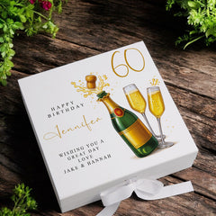 Personalised 60th Birthday Keepsake Box Customised With Champagne Bottle and Sentiment
