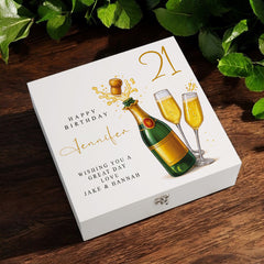 Personalised 21st Birthday Keepsake Box Customised With Champagne Bottle and Sentiment