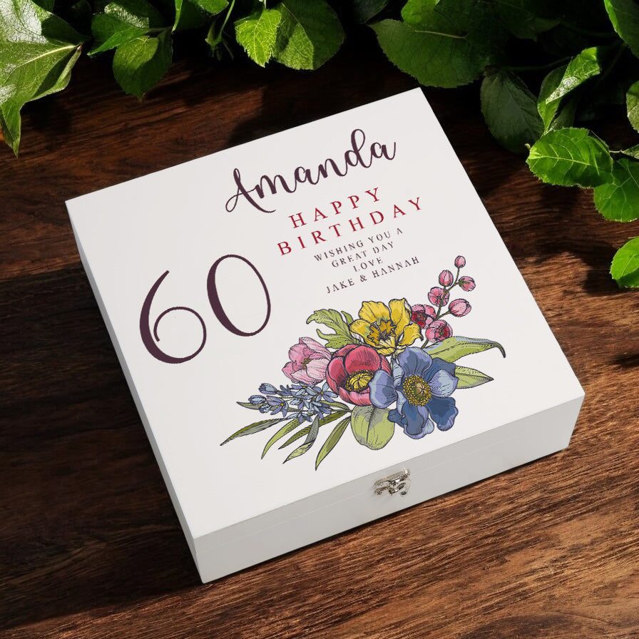 Personalised 60th Birthday Keepsake Box Customised With Flowers and Sentiment ukgiftstoreonline Wooden Box Medium