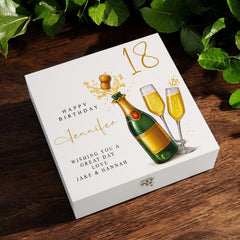 Personalised 18th Birthday Keepsake Box Customised With Champagne Bottle and Sentiment