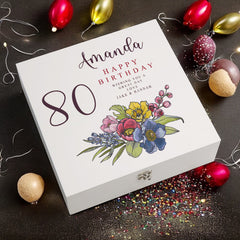Personalised 80th Birthday Keepsake Box Customised With Flowers and Sentiment