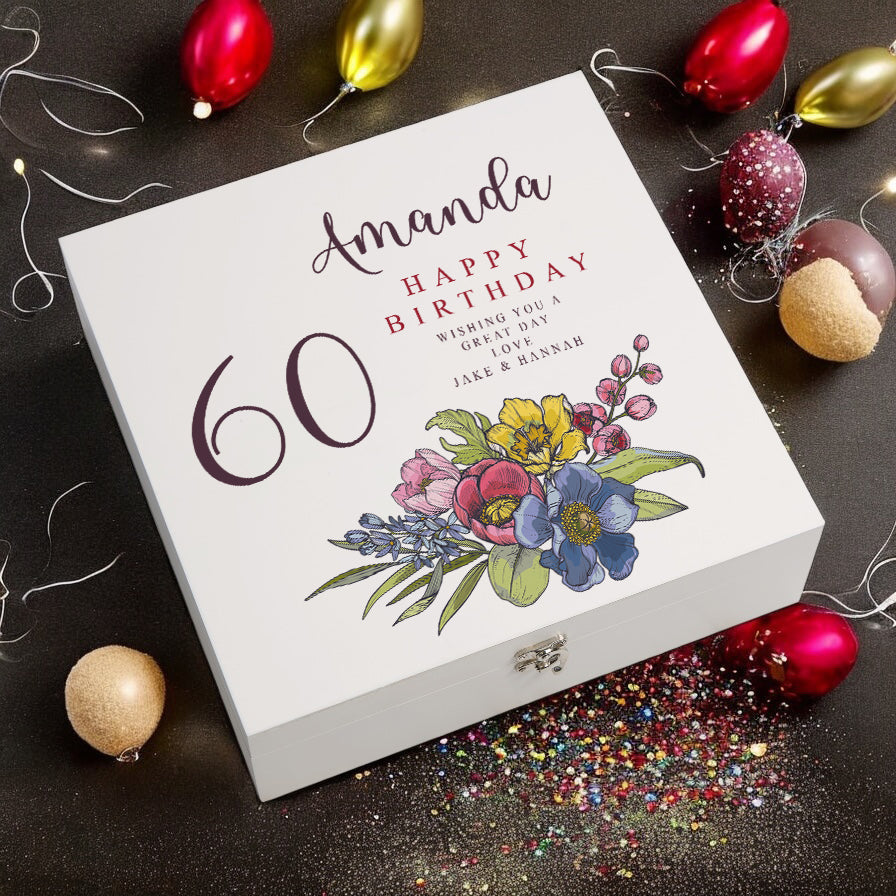 Personalised 60th Birthday Keepsake Box Customised With Flowers and Sentiment ukgiftstoreonline