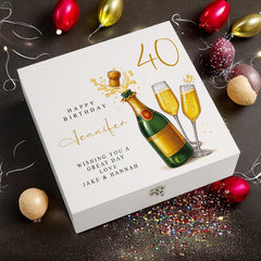 Personalised 40th Birthday Keepsake Box Customised With Champagne Bottle and Sentiment