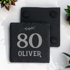 Personalised Elegant 80th Birthday Slate Stone Drink Coaster With any Name Personalised Slates ukgiftstoreonline
