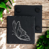 Set of 2 Butterfly Engraved Slate Stone Drink Coasters Personalised Slates ukgiftstoreonline