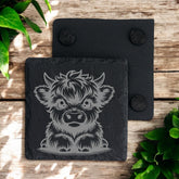 Pair of Highland Cow Engraved Slate Stone Drink Coasters Personalised Slates ukgiftstoreonline
