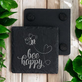 Set of 2 Bee Happy Engraved Slate Stone Drink Coasters Personalised Slates ukgiftstoreonline