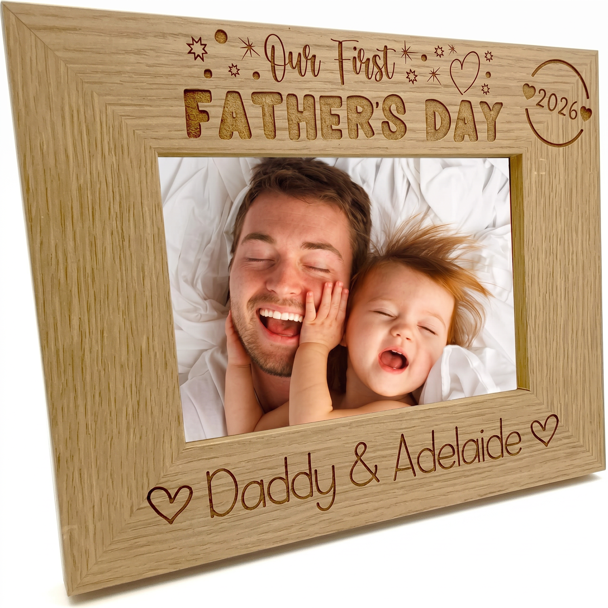 ukgiftstoreonline Personalised Our first Fathers Day Photo Frame Oak wood finish Landscape Father's Day Photo Frame ukgiftstoreonline