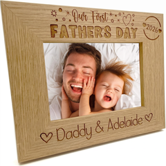 ukgiftstoreonline Personalised Our first Fathers Day Photo Frame Oak wood finish Landscape Father's Day Photo Frame ukgiftstoreonline