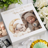 Personalised White Baby Memory Box, Cute Sleeping Animal Design, Keepsake For Special and Favourite Mementos