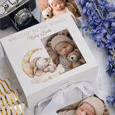 Personalised White Baby Memory Box, Cute Sleeping Animal Design, Keepsake For Special and Favourite Mementos