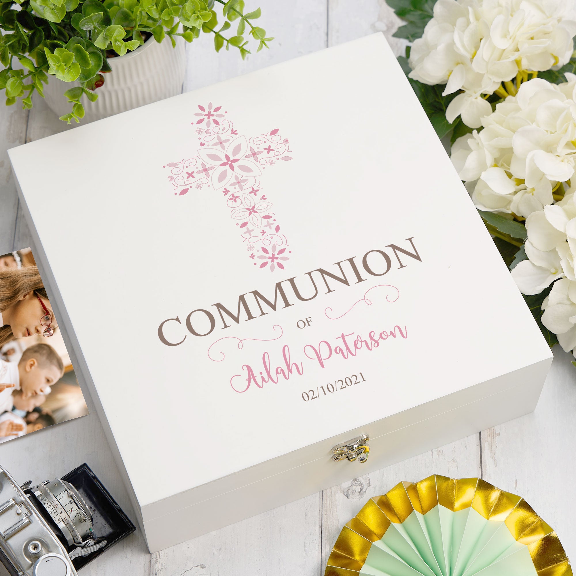 ukgiftstoreonline Personalised Communion Ornate Cross Keepsake Memory Box Keepsake Memory Box ukgiftstoreonline Wood Box Large
