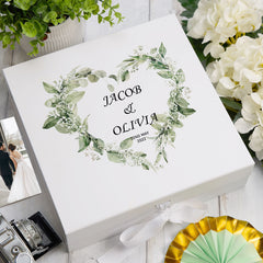 Personalised Wedding Box With Floral Green Leaf Heart and Ribbon