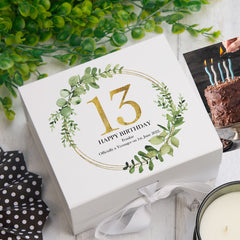 Personalised 13th Birthday Gift for her Keepsake Memory Box Gold Wreath Design