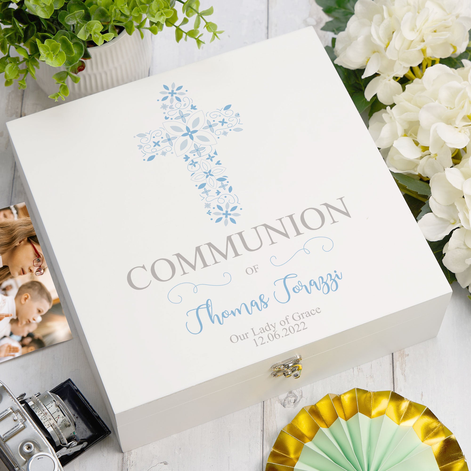 ukgiftstoreonline Personalised Communion Blue Ornate Cross Design Keepsake Memory Box Keepsake Memory Box ukgiftstoreonline