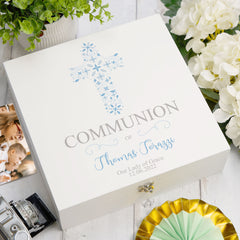 ukgiftstoreonline Personalised Communion Blue Ornate Cross Design Keepsake Memory Box Keepsake Memory Box ukgiftstoreonline