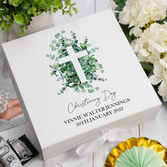 Personalised Christening Keepsake Box Gift With Cross and Eucalyptus