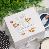 Personalised Baby Girl Memory Box Gift With Ribbon Cute Foxes and Birth