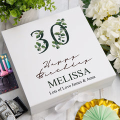 Personalised 30th Birthday Green Leaf Design Keepsake Memory Gift Box.