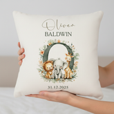 Personalised New Baby Cushion, Safari Animals Alphabet Design, Linen, Custom Pillow Nursery Keepsake Personalised Cushion Gifts ukgiftstoreonline