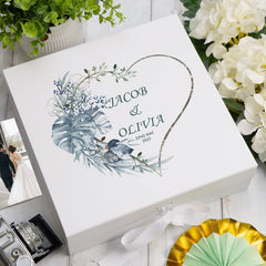 Personalised Wedding Box With Blue Tropical Heart and Ribbon Closure