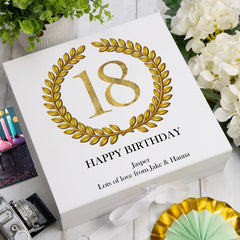 Personalised 18th Birthday Gift for him Keepsake Memory Box Gold Wreath Design