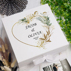 Personalised Wedding Box With Gold Green Leaf Heart and Ribbon