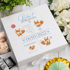 Personalised Baby Boy Memory Box Gift With Ribbon Cute Foxes and Birth Details