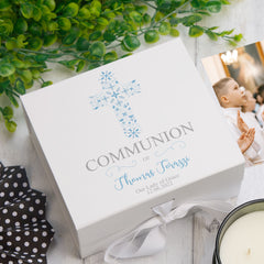 ukgiftstoreonline Personalised Communion Blue Ornate Cross Design Keepsake Memory Box