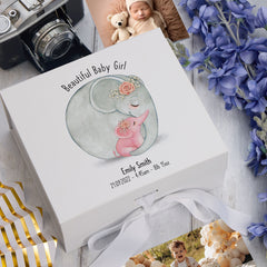 Personalised Beautiful Baby Girl Memory Keepsake Box With Elephant Sketch