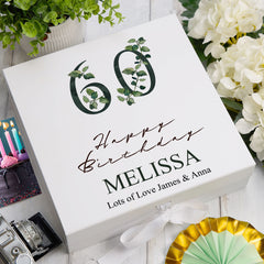 Personalised 60th Birthday Green Leaf Design Keepsake Memory Gift Box.