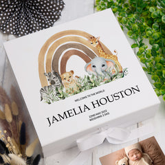 ukgiftstoreonline Personalised Jungle Safari Baby Memory Box Gift With Ribbon