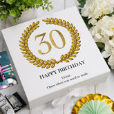 Personalised 30th Birthday Gift for him Keepsake Memory Box Gold Wreath Design