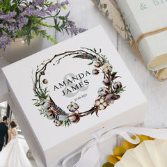 ukgiftstoreonline Personalised Wedding Keepsake Memory Box Gift with Watercolour Rustic Cotton Design