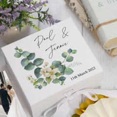 ukgiftstoreonline Personalised Wedding Keepsake Memory Box Gift Eucalyptus Design Keepsake Memory Box ukgiftstoreonline Medium Ribbon
