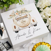 Personalised Wedding Box With Floral Car Design and Ribbon Closure