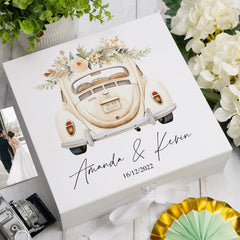 Personalised Wedding Box With Floral Car Design and Ribbon Closure