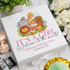 Personalised Baby Girl Cute Jungle animal Themed Keepsake Box Gift