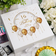 Personalised 16th Birthday Keepsake Box Gift With Gold Balloons